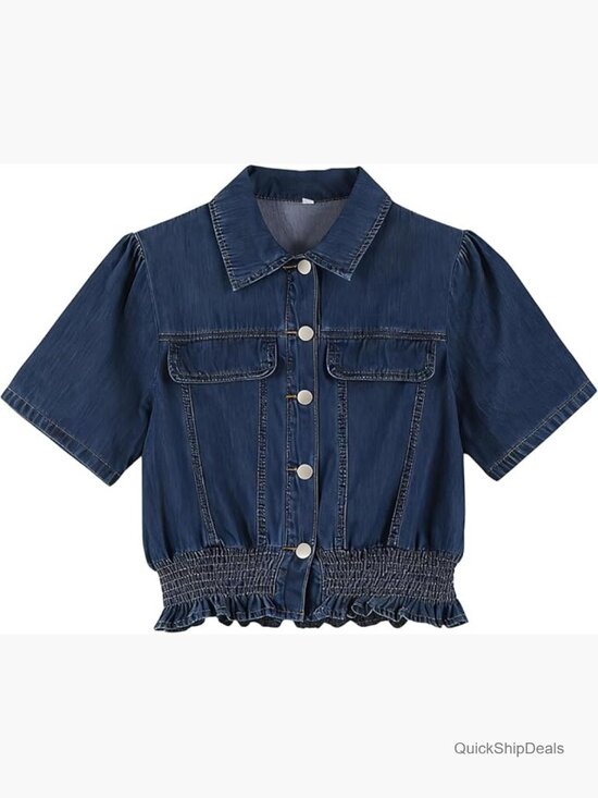 Tops - Short Sleeve Denim Peplum Crop Top Ruffle Hem Button Down Shirt Jacket